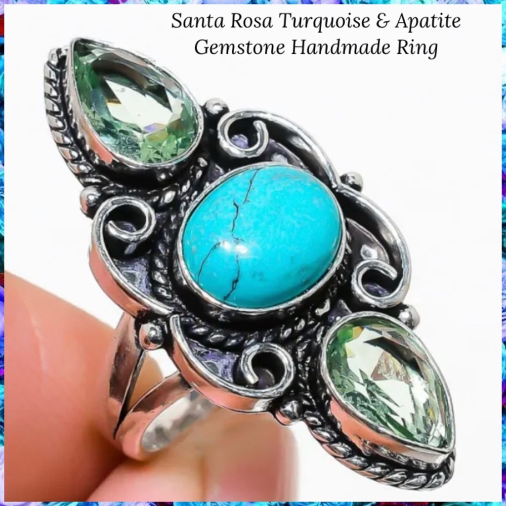 Santa Rosa Turquoise & Apatite Gemstone Handmade Shield Armor Ring
